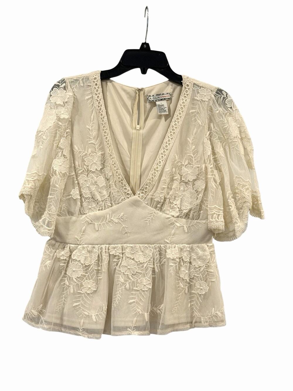 A. Calin By Flying Tomato Cream Embroidered Floral Lace Peplum Blouse Large Boho